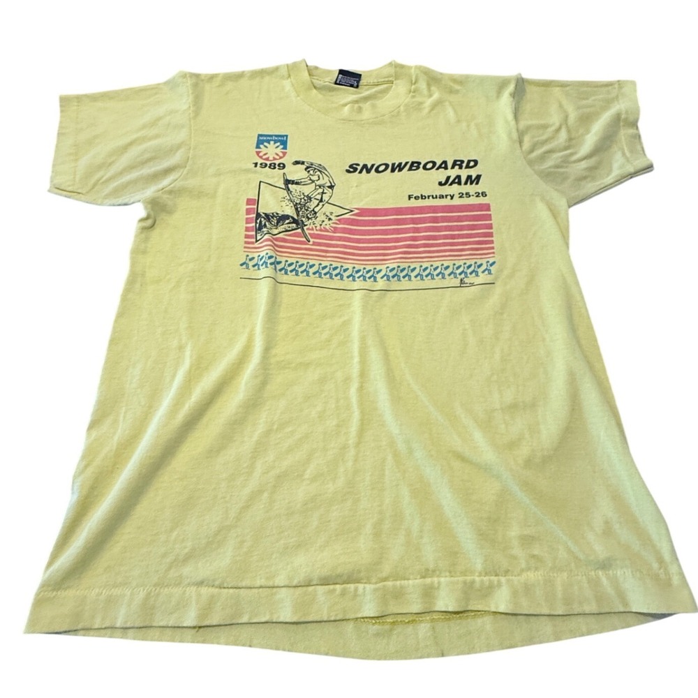 Vintage 1989 Snowboard Jam Screen Stars Best T-Shirt Yellow Large Single Stitch